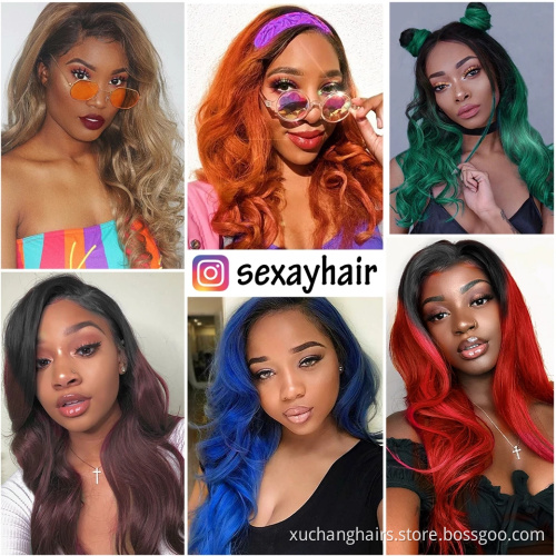 Ombre Dark Roots Human Hair Bundles With Closure 1B/Green Two Tone Color Virgin Brazilian Hair Weave